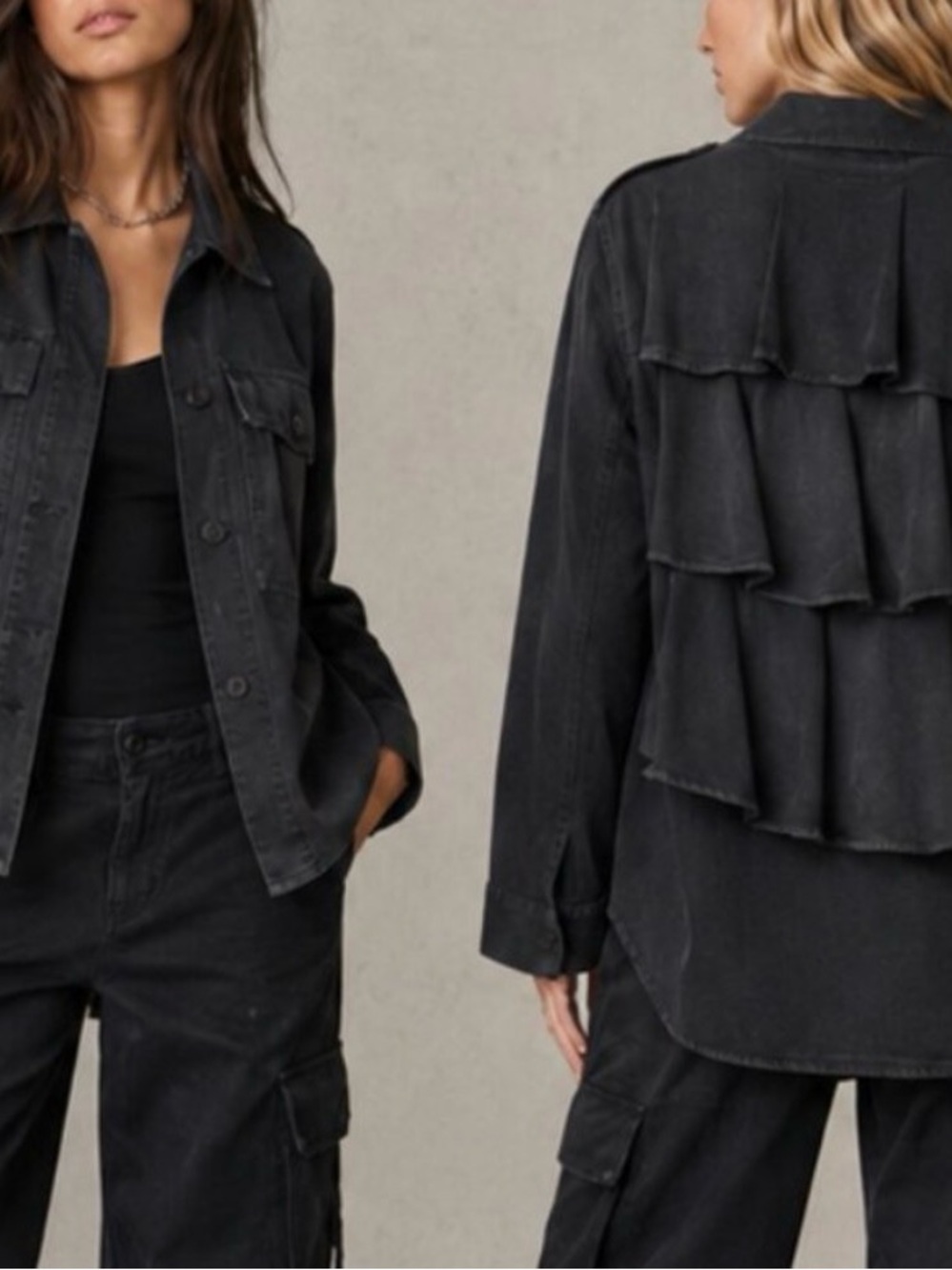 AMO Faded Black Utility Shirt Jacket Ruffle Back Oversized Shacket size XS